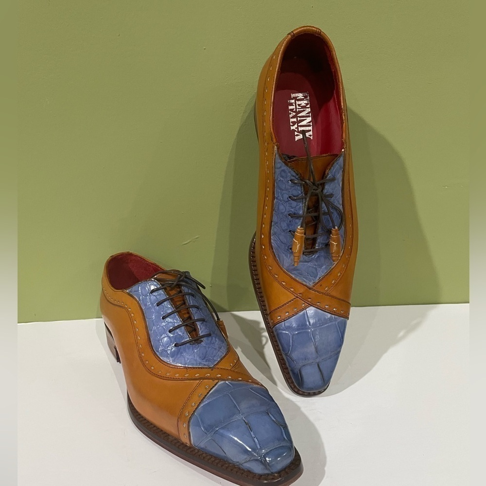 Fennix Italy shoes leather calf/alligator cognac/blue cap toe
